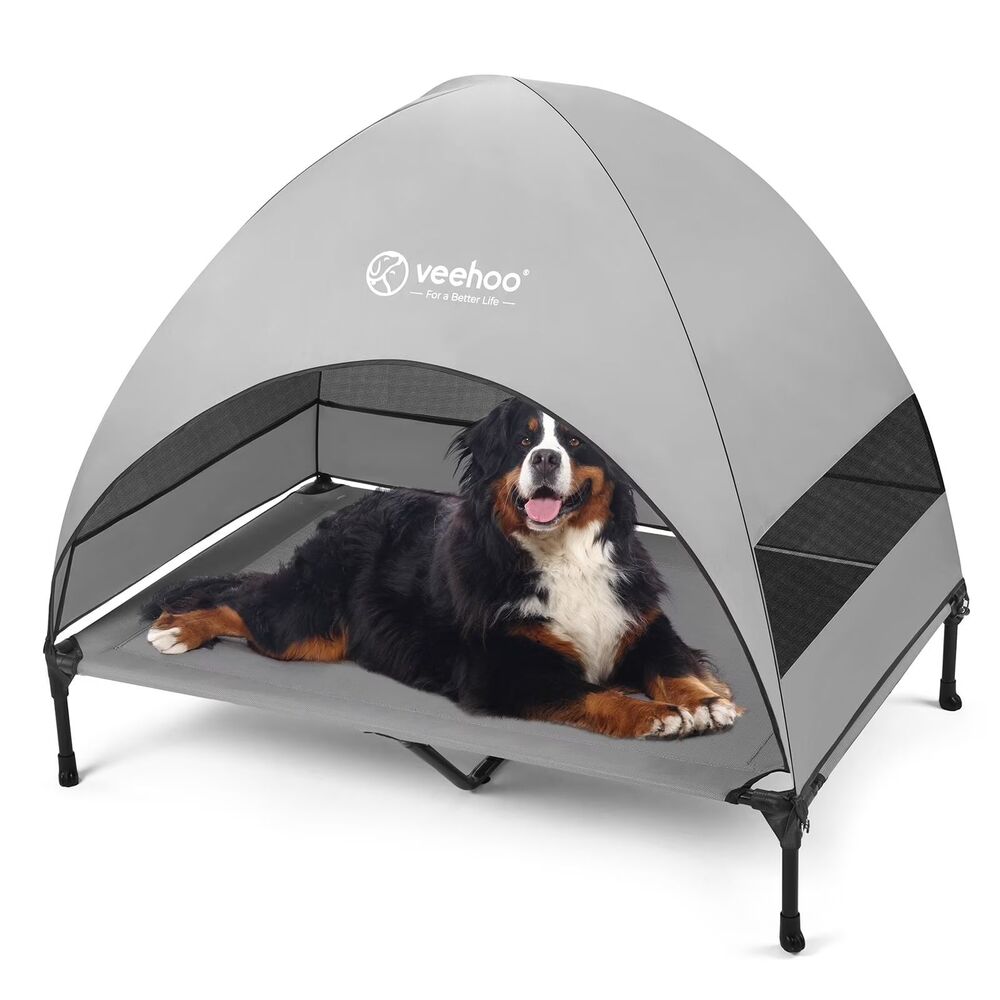 Cooling Elevated XL Outdoor Dog Bed w Canopy Portable Shade Cot, Grey 49 x 43.5